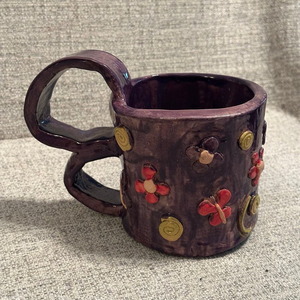 Handmade Studio Pottery Mug Purple Floral Butterfly Applied Art Signed Ar